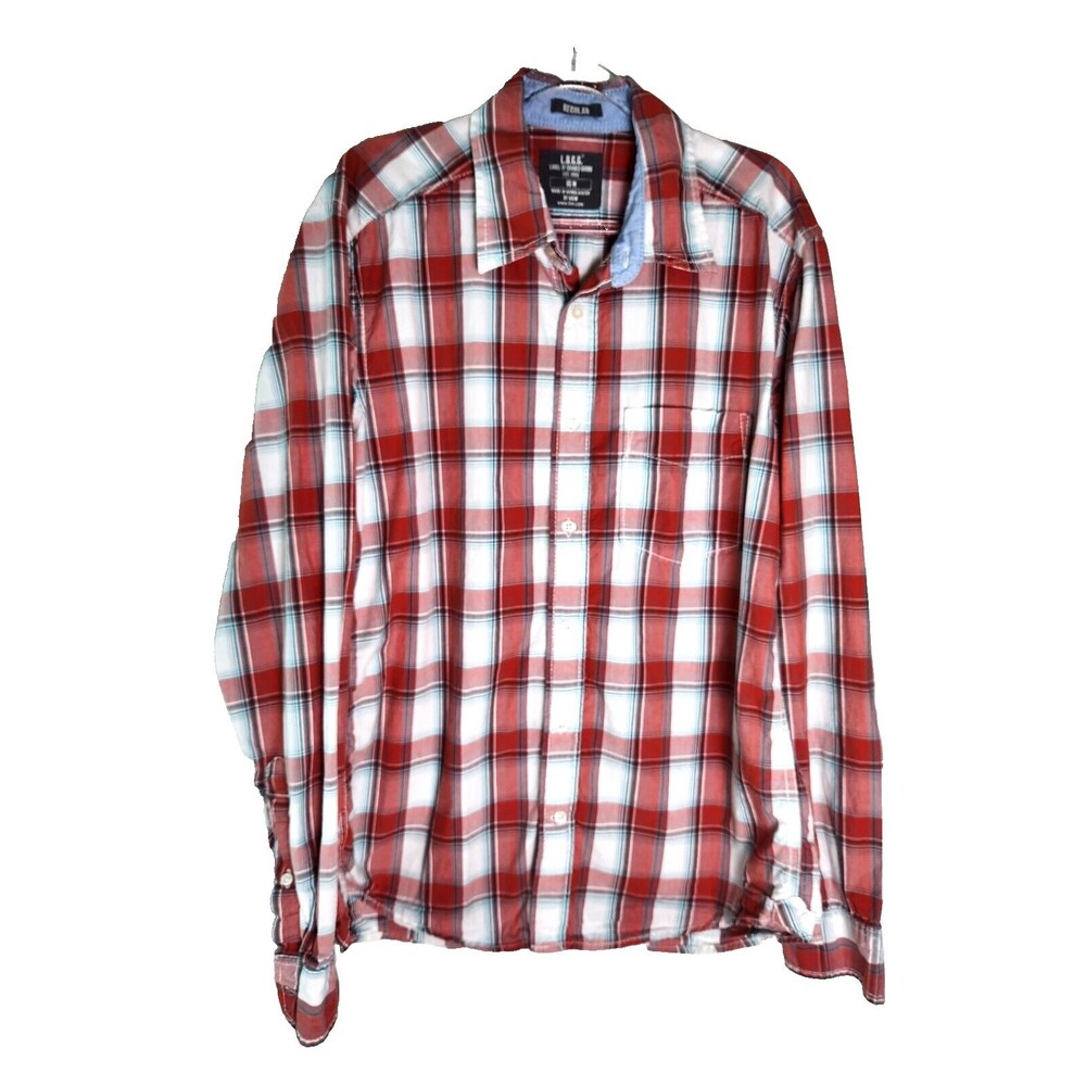 L.O.G.G by H&M Men's Button Up Adult Long Sleeve Shirt White Red Plaid Sz M